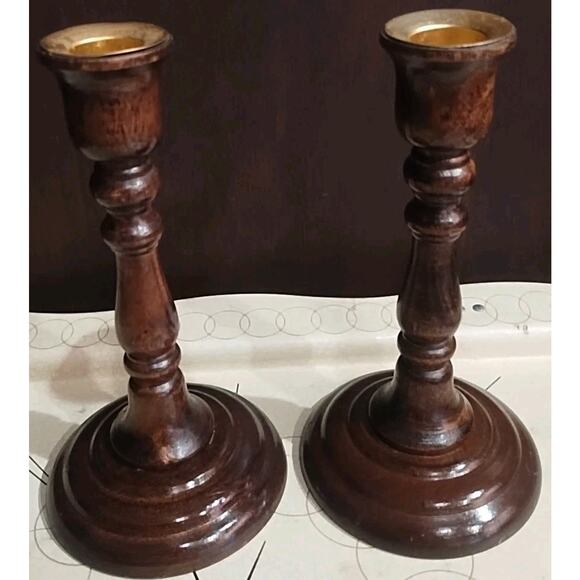 Vintage Dark Wood Candle Holders Set of 2 Colonial Style Traditional Taiwan 7" - Picture 2 of 5